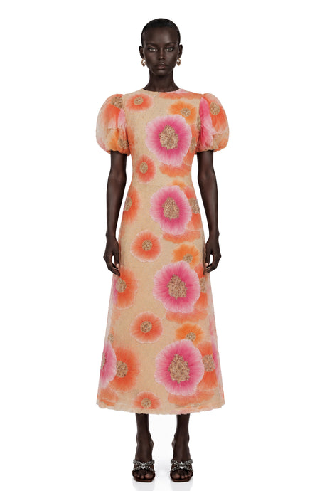 Elaina Midi Dress Orange Floral Print with Sequins and Rhinestones