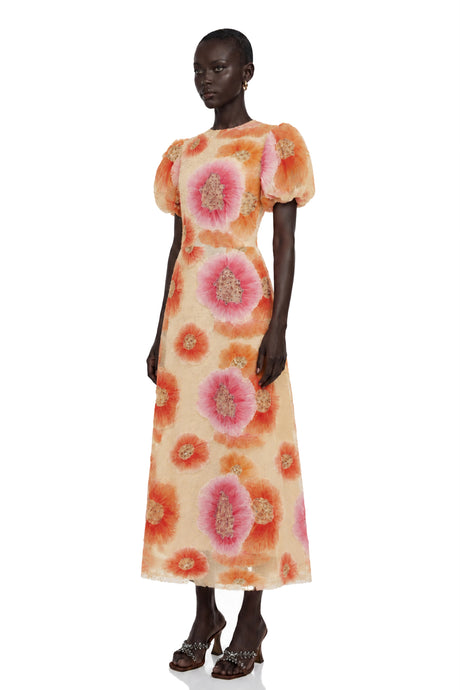Elaina Midi Dress Orange Floral Print with Sequins and Rhinestones