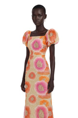 Evangeline Orange Floral Print Midi Dress with Sequins and Rhinestones