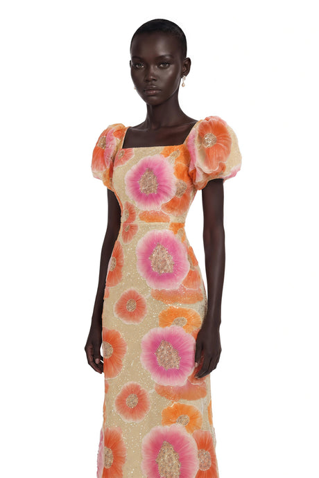 Elaina Midi Dress Orange Floral Print with Sequins and Rhinestones