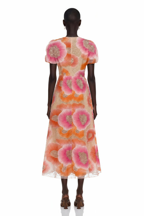 Elaina Midi Dress Orange Floral Print with Sequins and Rhinestones