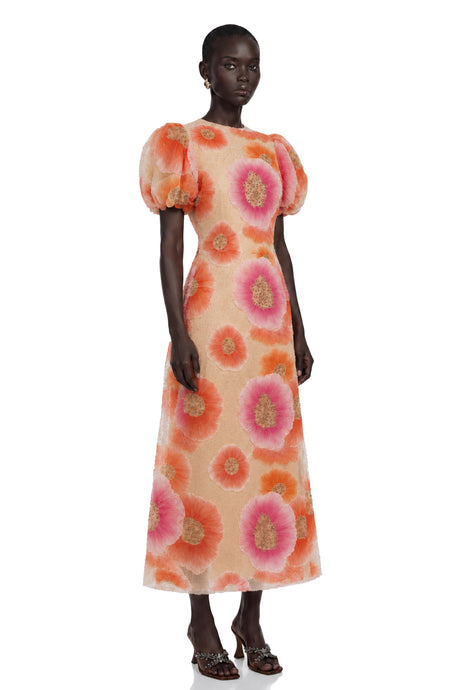 Elaina Midi Dress Orange Floral Print with Sequins and Rhinestones