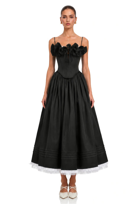 Gabriela Maxi Dress Black Corset with Spaghetti Straps