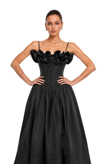 Gabriela Maxi Dress Black Corset with Spaghetti Straps