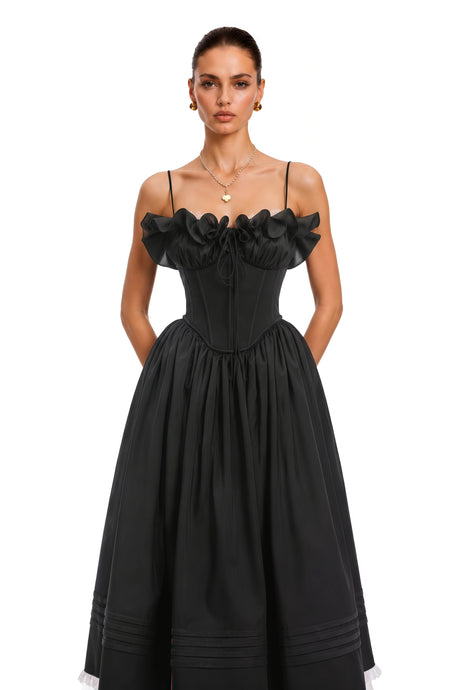 Gabriela Maxi Dress Black Corset with Spaghetti Straps