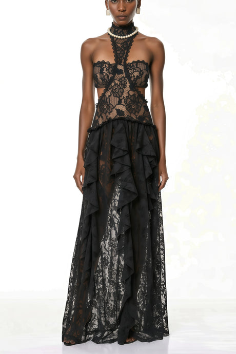 Giannina Maxi Dress Black Halterneck Lace
