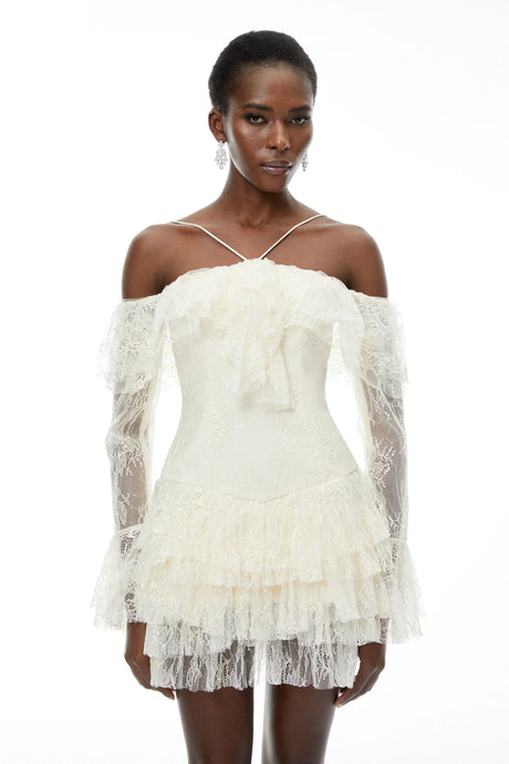 Erika Mini Dress Neutral Off Shoulder Tiered