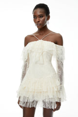 Evelyn Neutral Off Shoulder Tiered Mini Dress