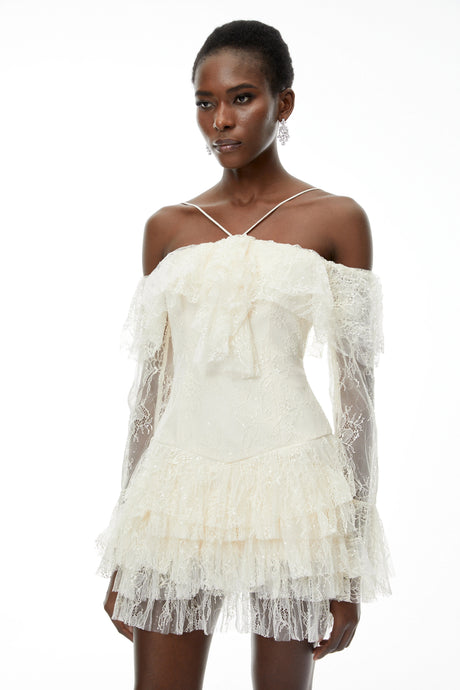 Erika Mini Dress Neutral Off Shoulder Tiered