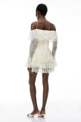 Evelyn Neutral Off Shoulder Tiered Mini Dress