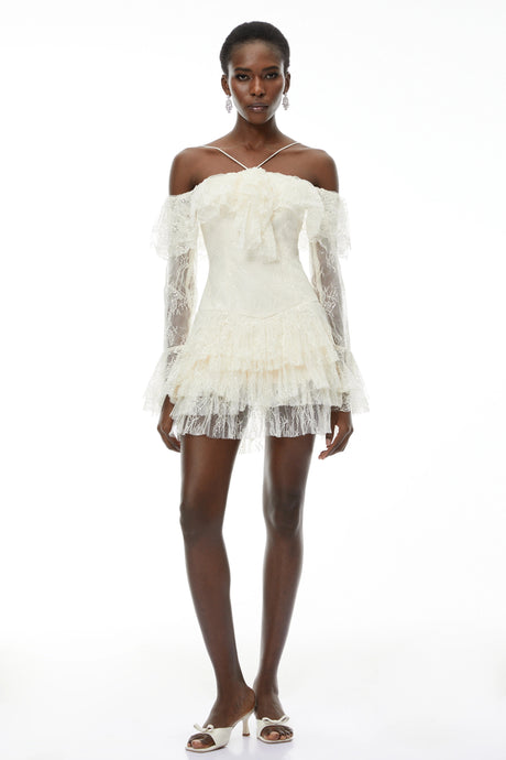 Erika Mini Dress Neutral Off Shoulder Tiered
