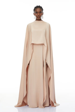 Everleigh Champagne Satin Top  Skirt Set With Cape Detail