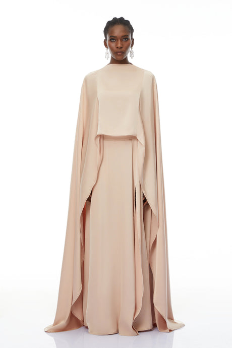 Nunzia Champagne Satin Top & Skirt Set With Cape Detail