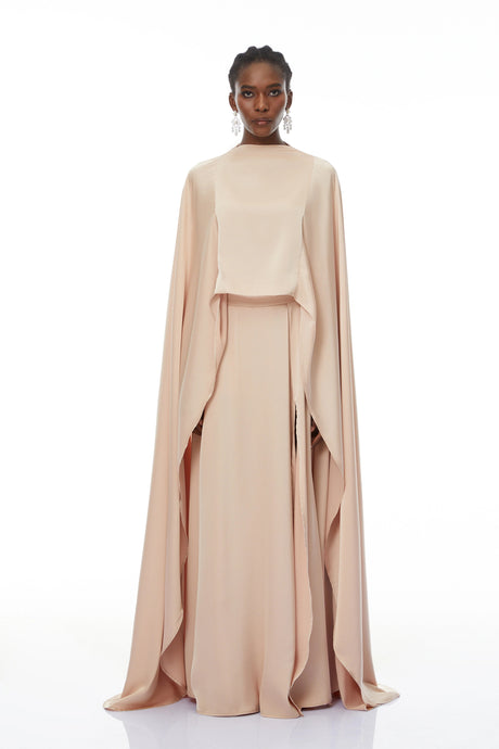 Nunzia Champagne Satin Top & Skirt Set With Cape Detail