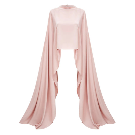 Nunzia Champagne Satin Top & Skirt Set With Cape Detail