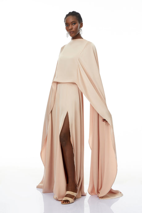 Nunzia Champagne Satin Top & Skirt Set With Cape Detail