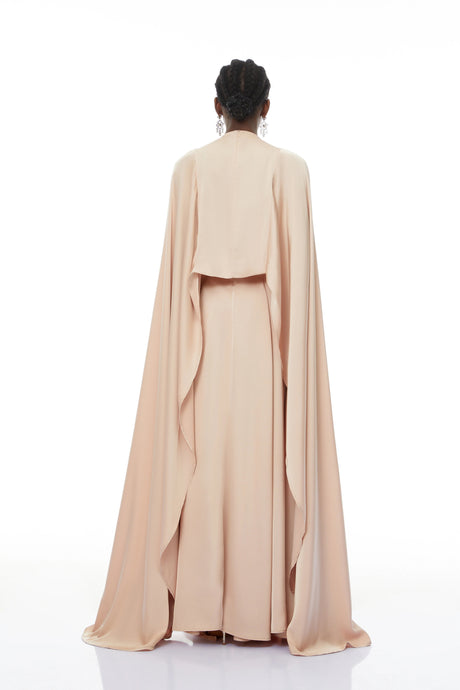 Nunzia Champagne Satin Top & Skirt Set With Cape Detail