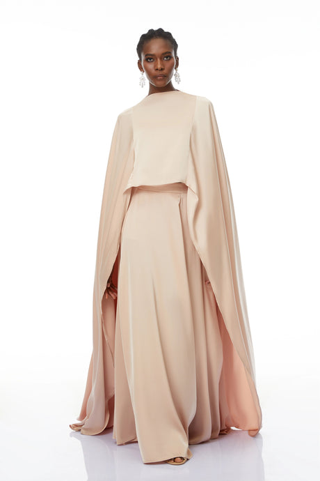 Nunzia Champagne Satin Top & Skirt Set With Cape Detail