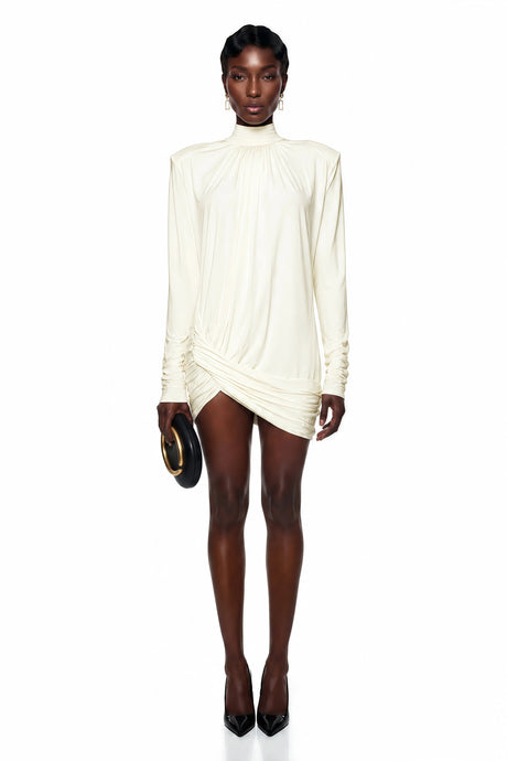 Rinata Mini Dress White Mock Neck Ruched