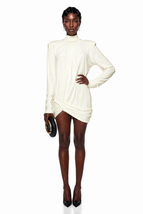 Rinata Mini Dress White Mock Neck Ruched