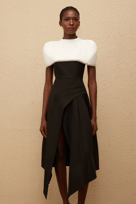 Dorotea Midi Dress Color Block with Embellished Shawl