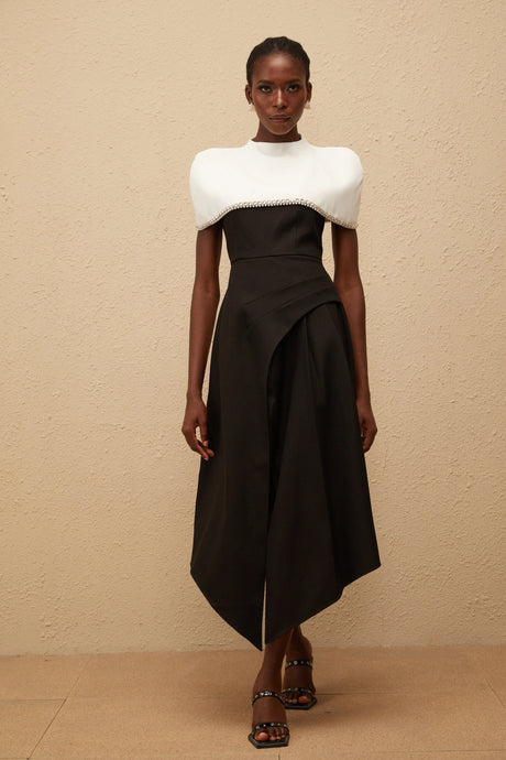 Dorotea Midi Dress Color Block with Embellished Shawl