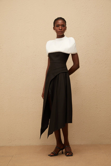 Dorotea Midi Dress Color Block with Embellished Shawl