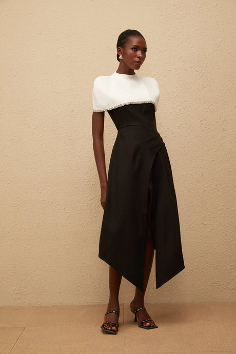 Dorotea Midi Dress Color Block with Embellished Shawl
