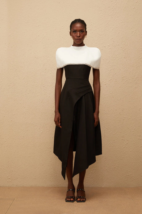 Dorotea Midi Dress Color Block with Embellished Shawl