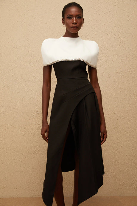 Dorotea Midi Dress Color Block with Embellished Shawl