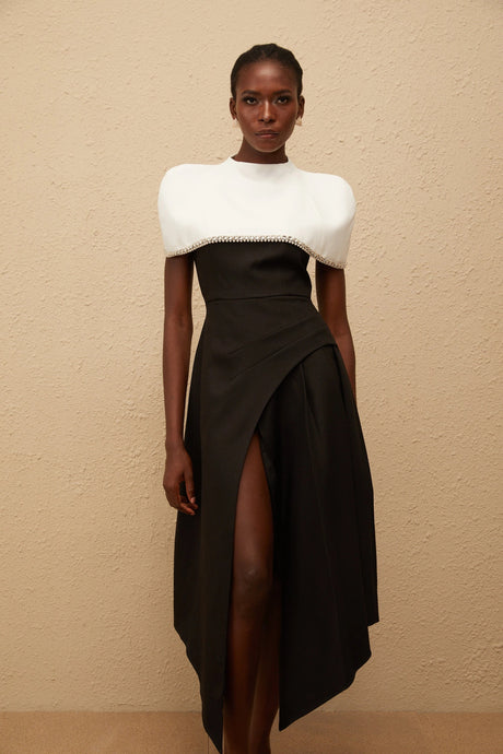 Dorotea Midi Dress Color Block with Embellished Shawl