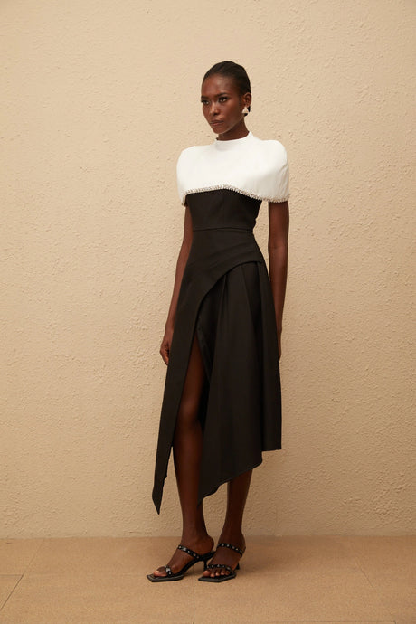 Dorotea Midi Dress Color Block with Embellished Shawl