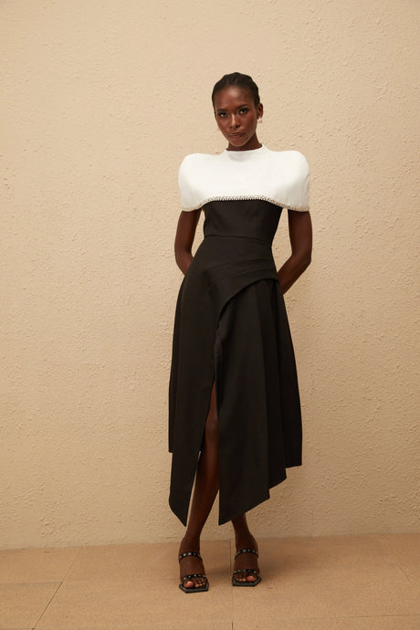 Dorotea Midi Dress Color Block with Embellished Shawl