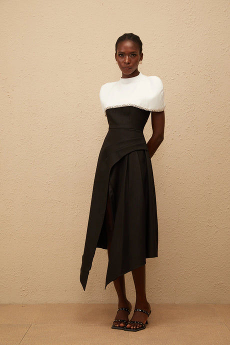 Dorotea Midi Dress Color Block with Embellished Shawl