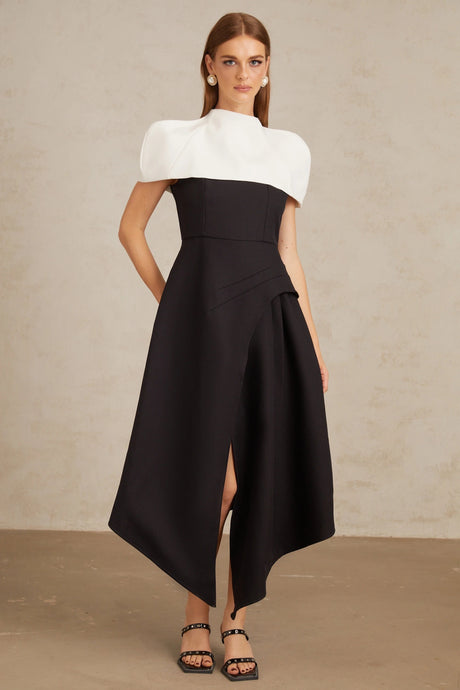 Raven Midi Dress Color Block with Shawl Detail