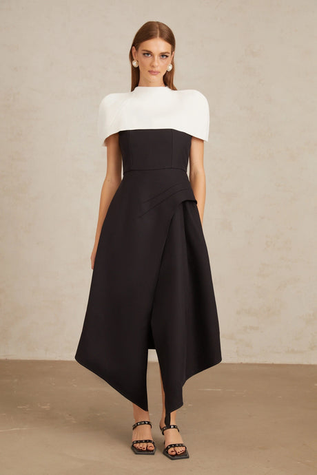 Raven Midi Dress Color Block with Shawl Detail