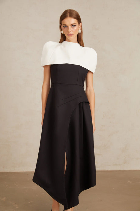Raven Midi Dress Color Block with Shawl Detail