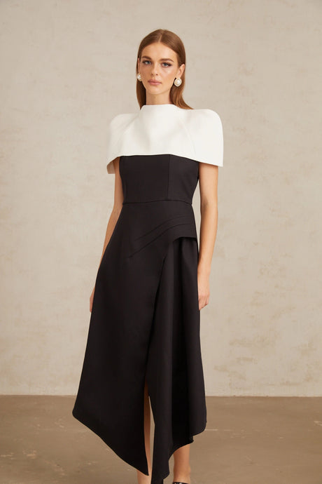 Raven Midi Dress Color Block with Shawl Detail