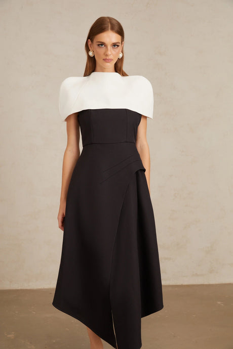 Raven Midi Dress Color Block with Shawl Detail