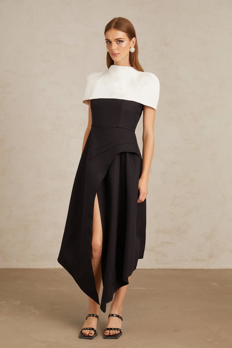 Raven Midi Dress Color Block with Shawl Detail