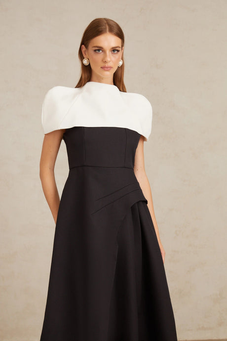 Raven Midi Dress Color Block with Shawl Detail