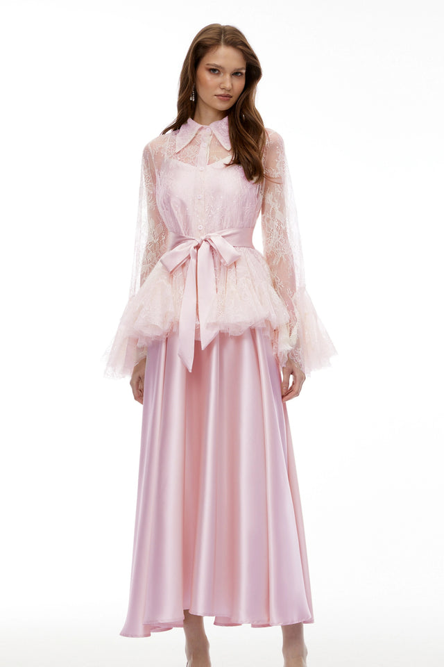 Fadila Pink SemiSheer Blouse  Dress Set