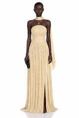 Fadime Champagne Cross Front Ruched Maxi Dress with Cape