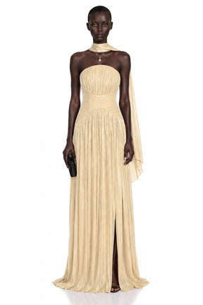 Fadime Champagne Cross Front Ruched Maxi Dress with Cape