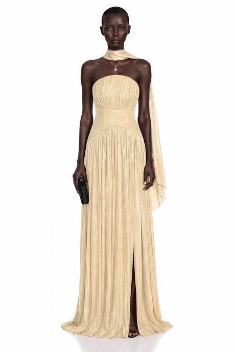 Olivia Maxi Dress Champagne Cross Front Ruched with Cape