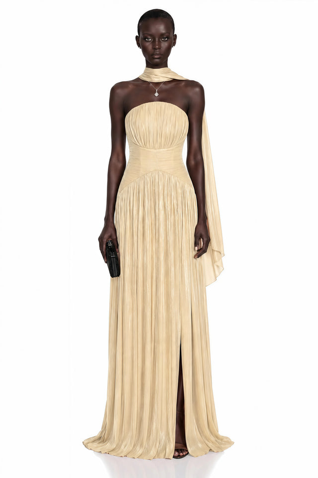 Fadime Champagne Cross Front Ruched Maxi Dress with Cape