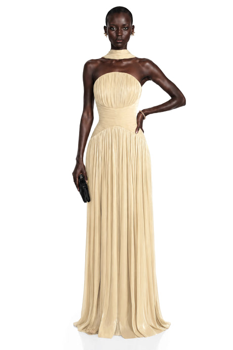Olivia Maxi Dress Champagne Cross Front Ruched with Cape