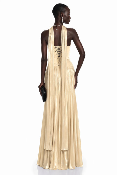 Olivia Maxi Dress Champagne Cross Front Ruched with Cape