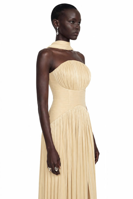 Olivia Maxi Dress Champagne Cross Front Ruched with Cape