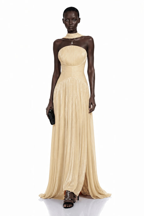 Olivia Maxi Dress Champagne Cross Front Ruched with Cape